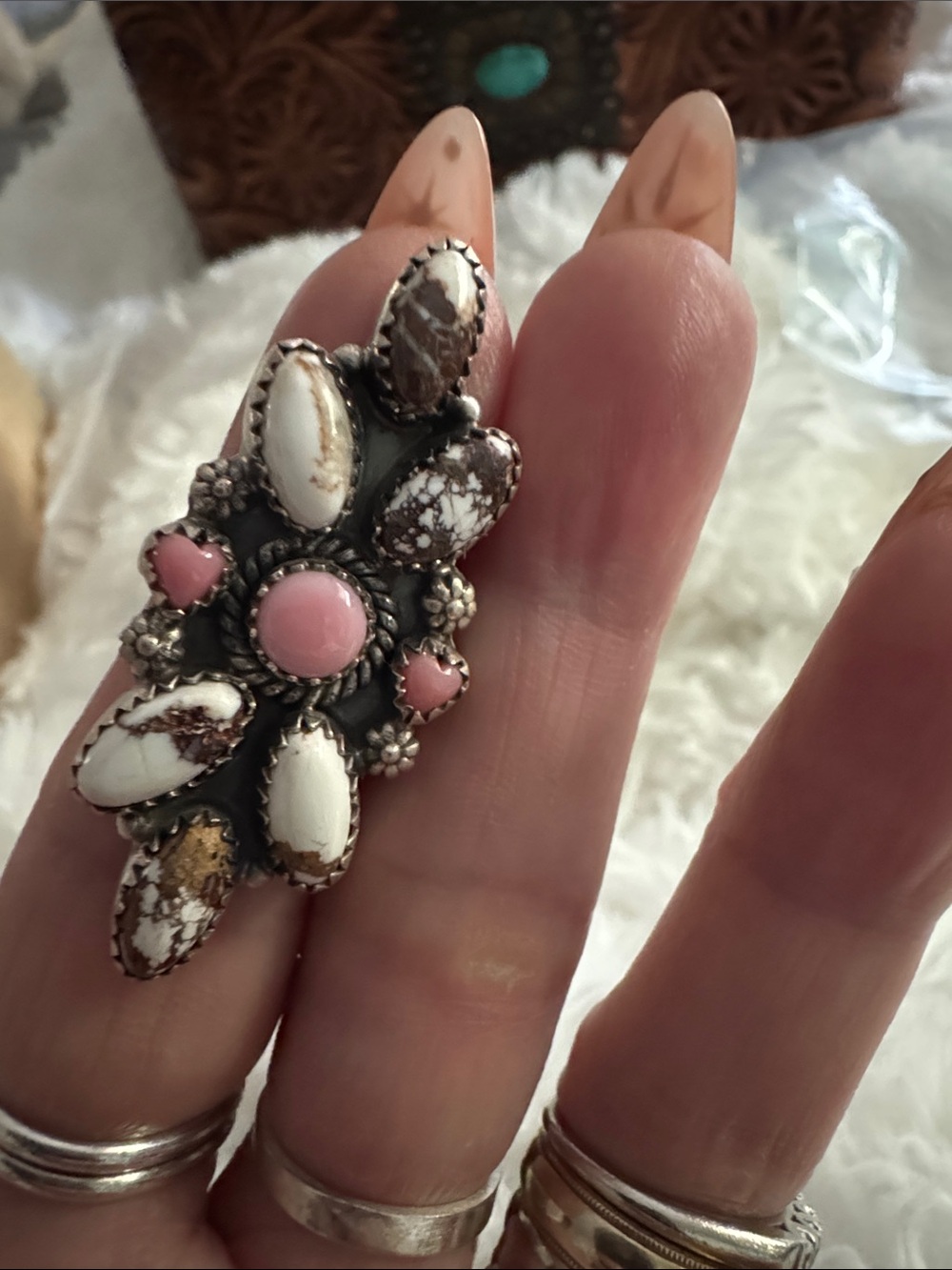 Pink conch  and White horse Jasper  Stone Floral Ring 925 silver